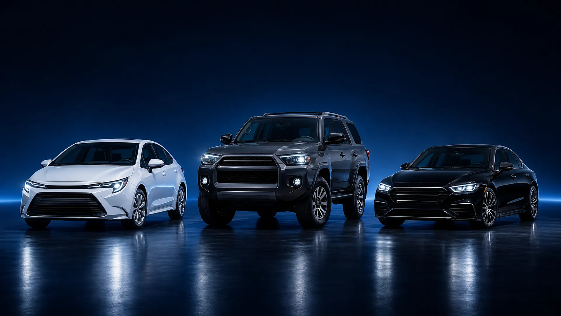 White Toyota Corolla, grey Toyota 4Runner and black Mercedes-Benz style sedan side by side — the kind of cars Ziarkash Motor Logistics imports from USA auctions and China for buyers in Afghanistan